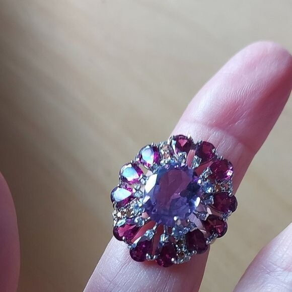 Natural Amethyst 12x10mm & Sapphire Gems 925 Sterling Silver Ring Size‎ 7.75 - Picture 2 of 5